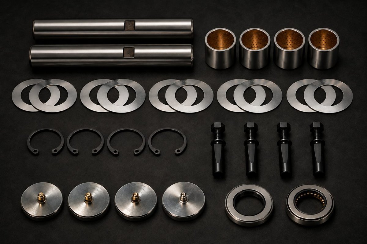 Kit completo del conjunto de dirección PERMA: el perno de acero al centro, dos bujes de bronce, el rodamiento de empuje, el sello y las tapas.